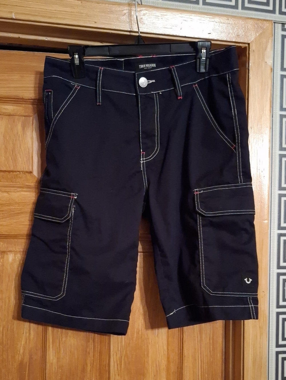 True Religion Men’s Navy Cargo Shorts with Contrast Stitching